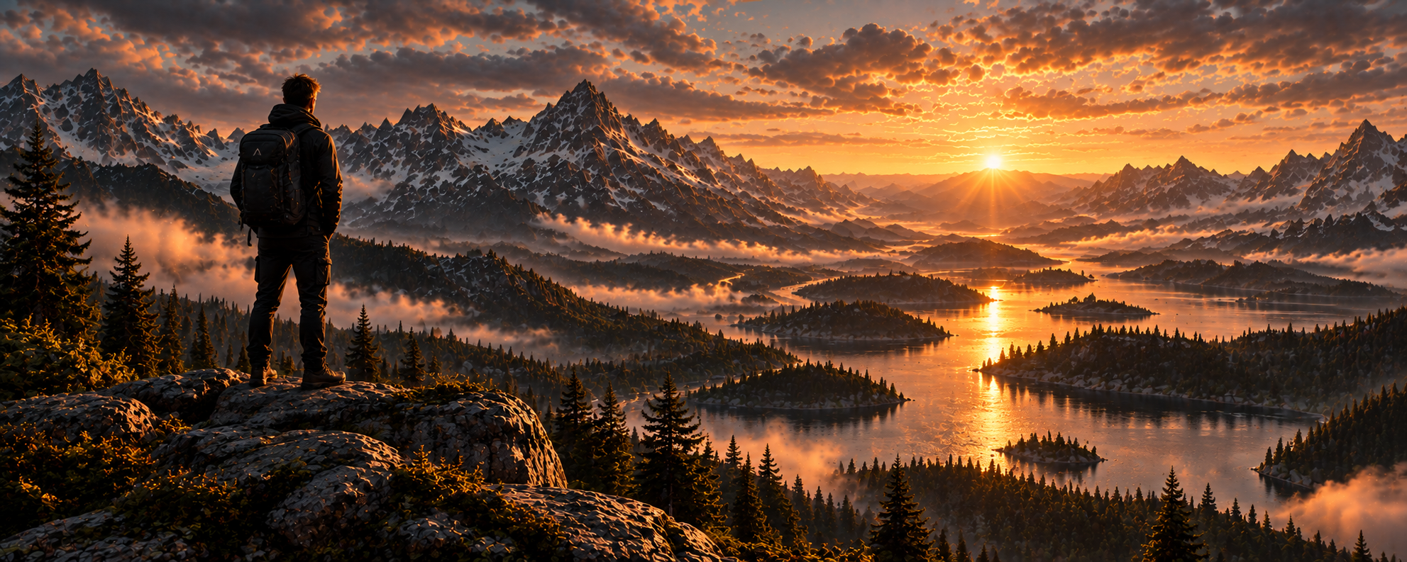 A lone explorer overlooking an alpine lake and mountain range at sunset